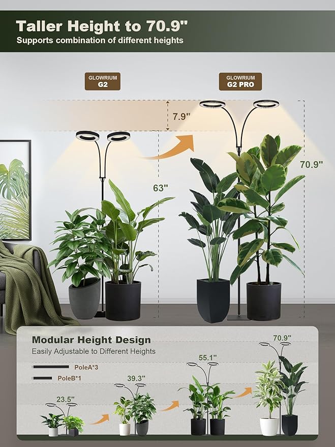 GLOWRIUM 48W LED Dual-Head Grow Light for Indoor Plants 23.5-71 Adjustable Height 3-Growing Full Spectrum for Tall Plant Light 3/9/12/16H Timer 6-Level Dimming Ideal for Large Tall Plants