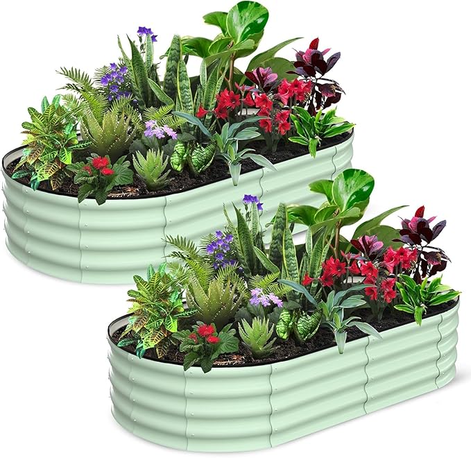 2-Pack Raised Garden Bed 6x3x1ft Oval Raised Planter Beds with Open-Ended Base Galvanized Metal Garden Bed Outdoor for Vegetables Flowers Green Color