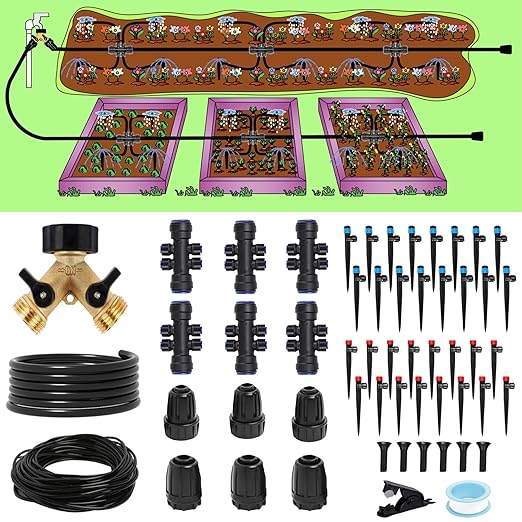 233FT Drip Irrigation System Kit with Quick-Connect System33FT 1/2 Mainline &amp 200FT 1/4 TubingBrass Y-Type SplitterAdjustable Nozzle Types.Efficient Sprinkler System Kit