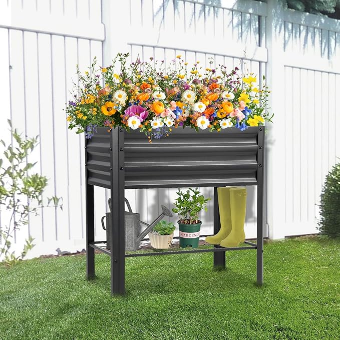 Raised Garden Bed with Legs and Shelf 2pcs 32x20x31.5 Elevated Metal Planter with Legs for Outdoor Vegetables and Herbs Standing Raised Beds for Balcony Patio Lawn and Backyard