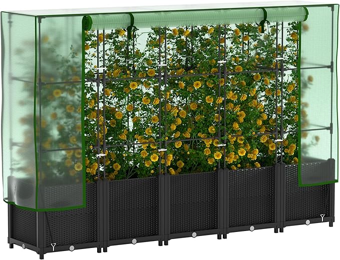Onelike 80'' x 16'' x 55.5'' Plastic Raised Garden Bed with Greenhouse Cover and Trellis Vertical Tomato Planters for Climbing Plants Self Watering System Tomatoes Cage for PatioBlackLarge