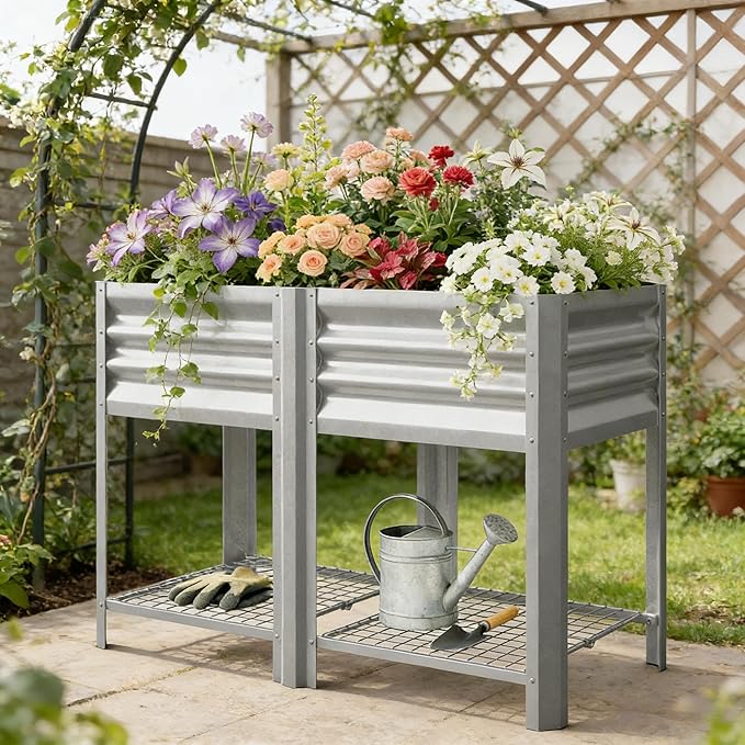 Elevated Outdoor Raised Garden Bed with Legs - 39.6-Gallon Galvanized Steel Planter Box for Patio Herbs Vegetables &amp Flowers - Ergonomic Height 33lb Storage Shelf (Silver)