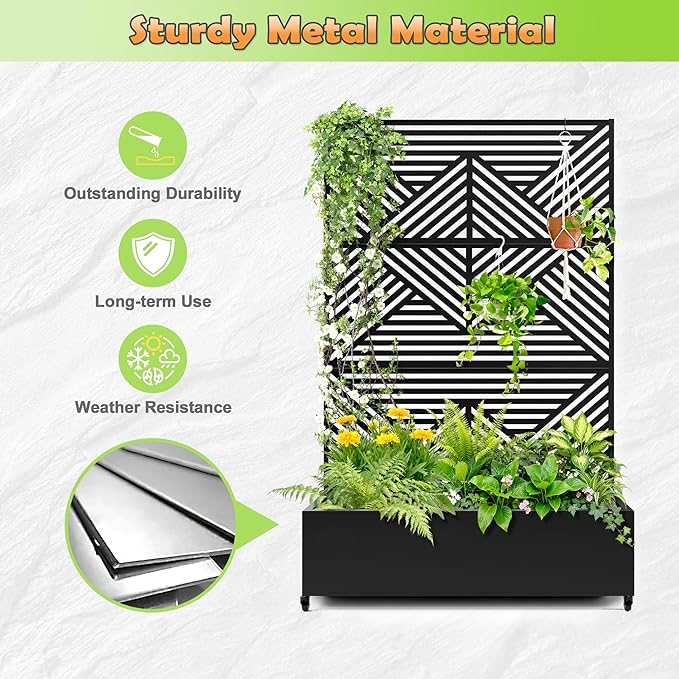 Metal Raised Garden Bed with Trellis 2-in-1 Planter Box &amp Privacy Screen for Climbing Plants Outdoor Standing Flower Bed with Drainage Holes 47.2 L x 16.7 W x 70.8 H Black-Zodiac