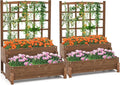 2 Pieces Raised Garden Bed with Trellis 2-Tier Wooden Elevated Planter Box with Legs Hemp Rope &amp Drainage Holes Raised Plant Bed for Backyard Garden Lawn