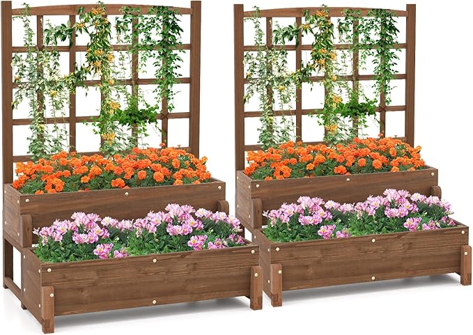 2 Pieces Raised Garden Bed with Trellis 2-Tier Wooden Elevated Planter Box with Legs Hemp Rope &amp Drainage Holes Raised Plant Bed for Backyard Garden Lawn