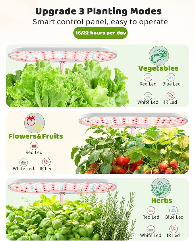 Hydroponics Growing System Kit 16 Pods Vertical 8L Indoor Gardening System for Herb Vegetable Fruit with LED Grow Light Smart Water Circulation 3 Light Modes &amp 2 Timer White