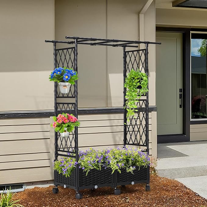 Planter Box with Trellis Outdoor 53.1in Plastic Raised Garden Bed with Trellis Hanging Roof for Vine Flower with Lockable Wheels &amp Drain Plug for Patio Backyard Balcony Black 1 Pc