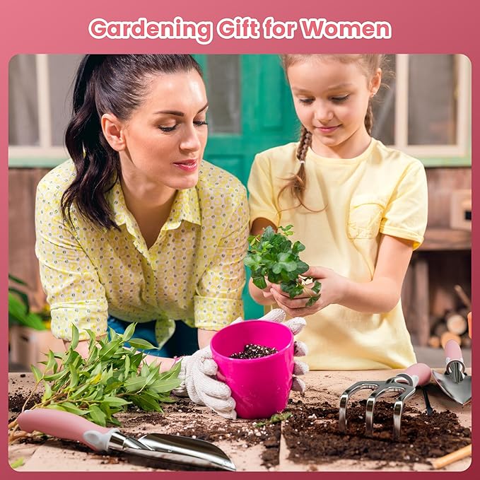 Garden Tools 8 Piece Gardening Tools with Bag Heavy Duty Stainless Steel Garden Tools Set Outdoor Hand Tools Ideal Garden Tool Kit Gifts for Women Pink.