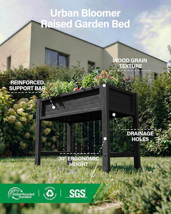 YEFU HIPS Raised Garden Bed: 34x30x18in Child Safe Raised Garden Beds Outdoor for Family Gardening - Organic Herb Vegetable Flower Planter Boxes Outdoor with Legs Kit for Patio Backyard (Black)