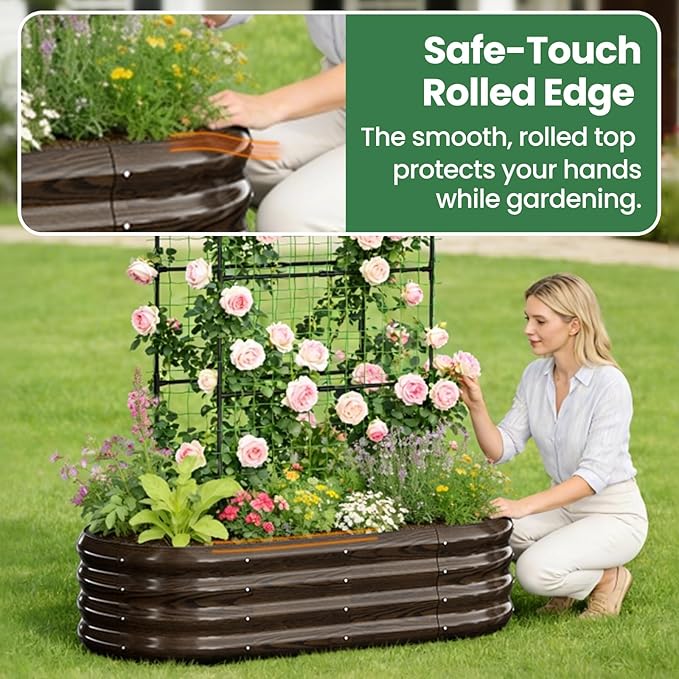 2 in 1 Galvanized Raised Garden Bed with 71 H Arch Trellis for Climbing Plants Outdoor Gardening Planter Box with Climbing Net for Flowers Vegetables Fruits Herbs Wood Grain