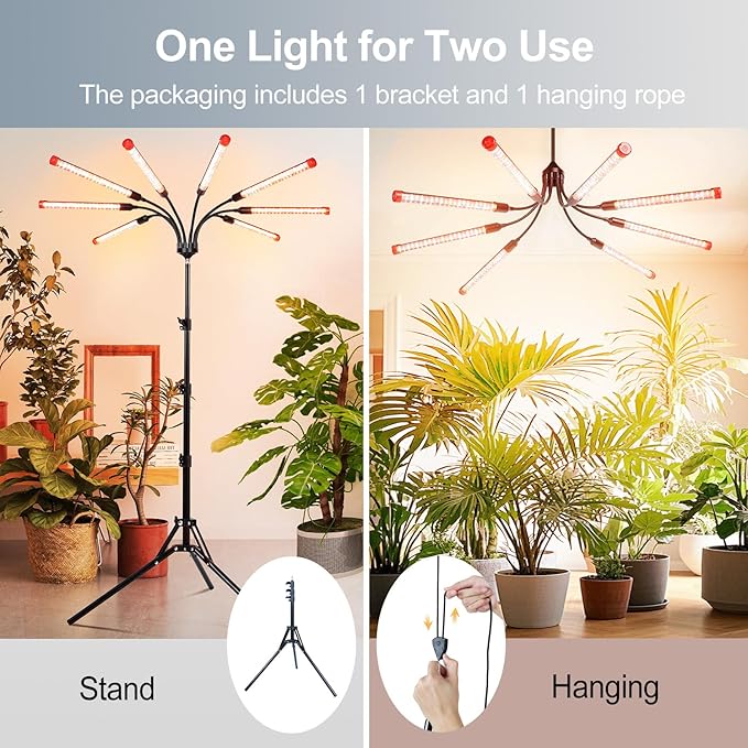 FECiDA Gamechanger! 72 Watt Power Draw NO Need Adapter 8Head Grow Light with Tripod Stand 2026 Big Coverage LED Grow Lights for Indoor Tall Plants Bonsai Tree 4/8/12/16/20H Timer