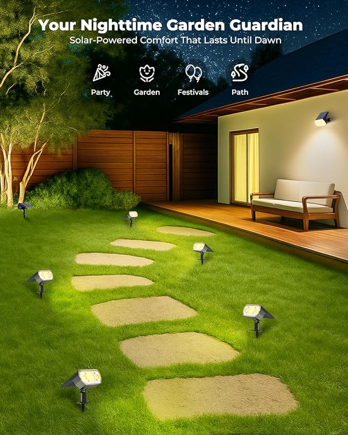 6 Packs Solar Spot Lights Outdoor 64 LED 3000K Solar Lights Outdoor IP67 Waterproof Adjustable Brightness Dusk to Dawn Solar Spotlights for Garden Yard Lawn Walkway Driveway - Warm White