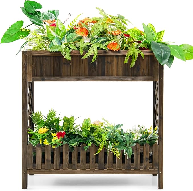 S AFSTAR 2-Tier Raised Garden Bed Indoor Outdoor Flower Bed with Bottom Shelf Fence 35.5” H Wood Elevated Planter Box for Vegetable Flower Herb Succulent Ideal for Patio Balcony Backyard