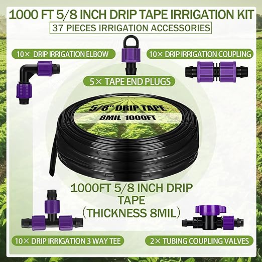 Tondiamo 1000' 5/8 Inch Drip Tape Irrigation Tubing Kit 16 Mil 6 Spacing Garden Hose Watering Tube Line Automatic Equipment for Garden Irrigation System Farms Landscape Lawn