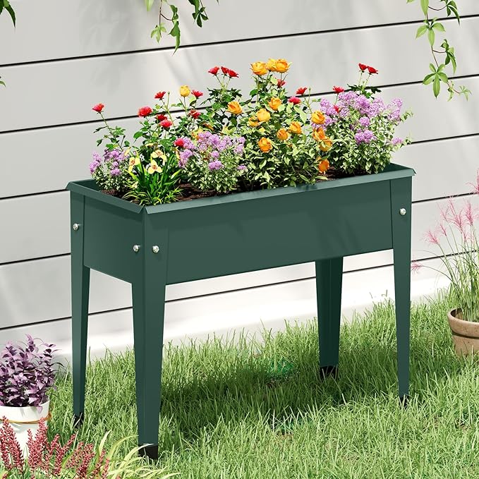 2 Pcs Raised Garden Bed with Legs 24 x 11 x 18 Inch Metal Elevated Planter Box w/Drainage Hole for Flowers Herbs Standing Raised Planter Bed for Indoor Outdoor Balcony Patio Backyard Green