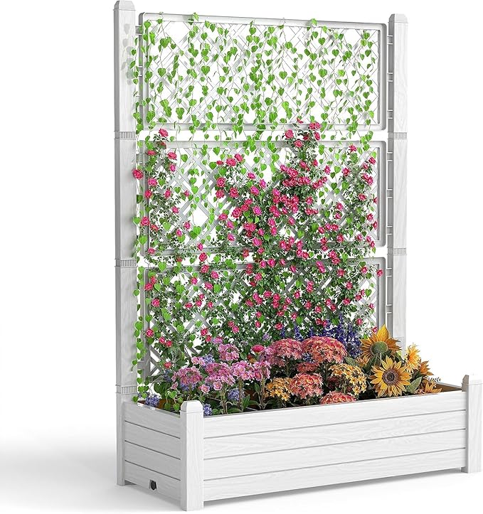 EasyUp Raised Garden Bed with Trellis for Climbing Plants Outdoor Planter Box with Drainage Plug &amp Water Gauge Durable Resin for Patio Balcony Yard Dust-Proof (Ashen 43.43 * 18.27 * 59.29)