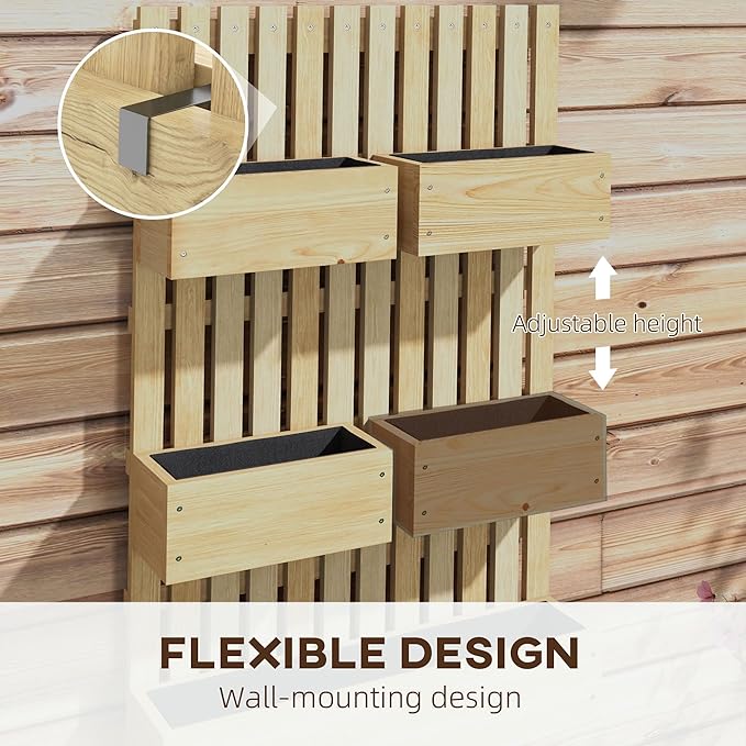 Outsunny 5 Box Raised Garden Bed with Trellis for Vine Flowers &amp Climbing Plants 39 Tall Wall-Mounted Wood Planter Box Set with Adjustable Height Drainage Hole Natural