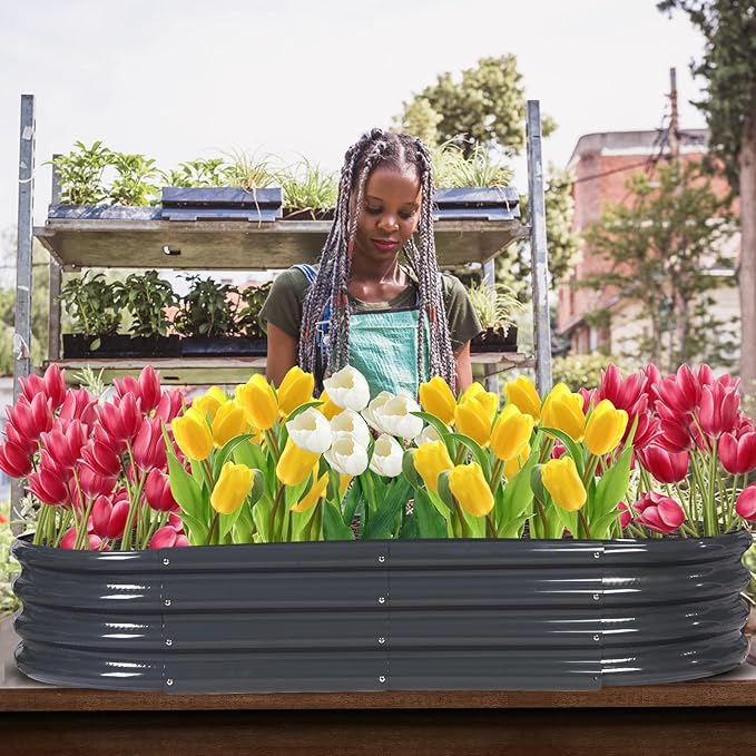 Raised Garden Bed GRS Certified Galvanized Planter Box Outdoor 8ft Oval Rot-Resistant Metal Garden Bed Planter Recycled Eco-Friendly Material Planter for Vegetables Flowers Herbs (Grey)