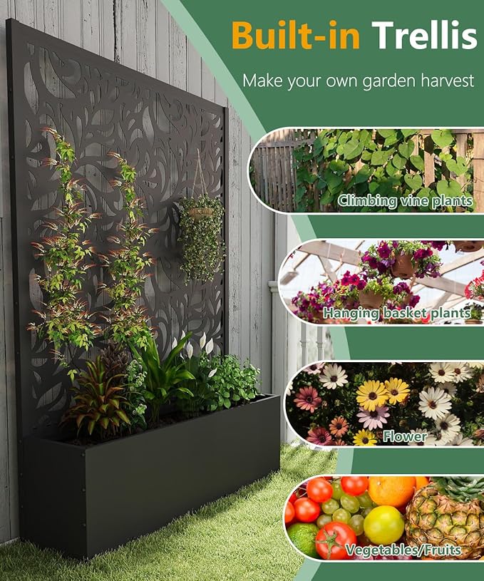 Metal Planter Box with Trellis70.9x47.2x15.7 Raised Garden Bed with Drainage Holes Privacy Planters for Outdoor Garden Bed for Climbing PlantsVegetablesand Vines Black-Flower