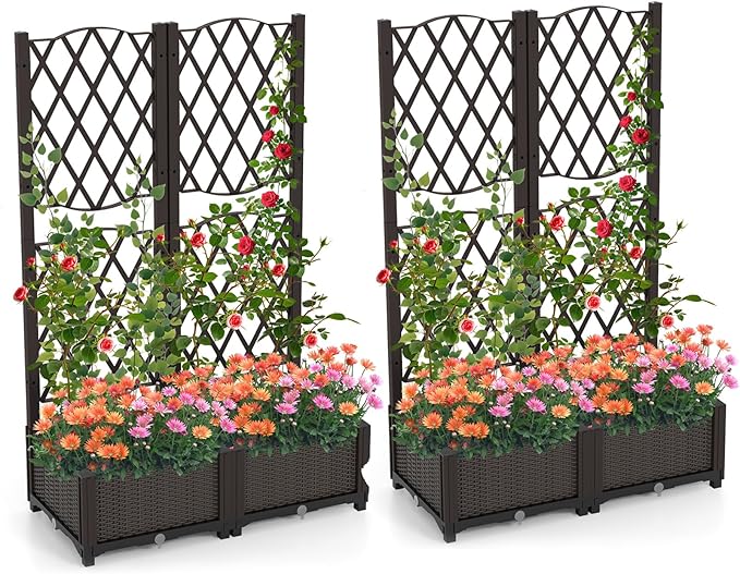 Giantex 2 Pack Raised Garden Beds with Trellis Planter Box for Vine Growing Climbing Vegetable Herb Flower Outdoor Floor Plant Bed with Self-Watering Drain Hole for Yard Balcony