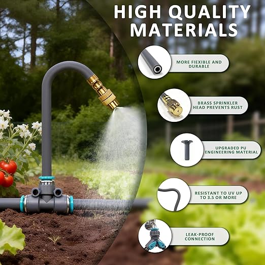 Drip Irrigation System 100FT 1/4 360°Adjustable Garden Watering System with 16pcs Copper Nozzles Drip Irrigation Kit for Outdoor Plants Greenhouse Watering System