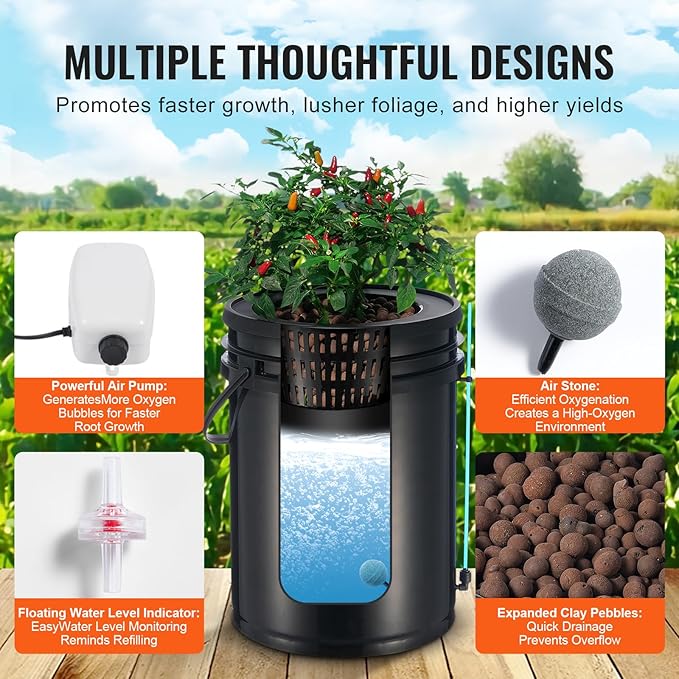 Happybuy DWC Hydroponics Grow System 5-Gallon Deep Water Culture with Top Drip Kit Air Pump Air Stone Water Level Device for Leafy Vegetables (1 Bucket)