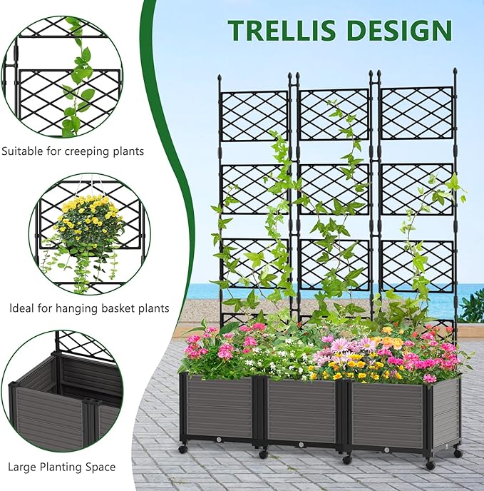 Raised Garden Bed Outdoor Planter Box with Trellis and Wheels Tomato Planter Cage with Trellis Indoor Outdoor Patio Self Watering Planters for Climbing Plants Vegetable Flowers