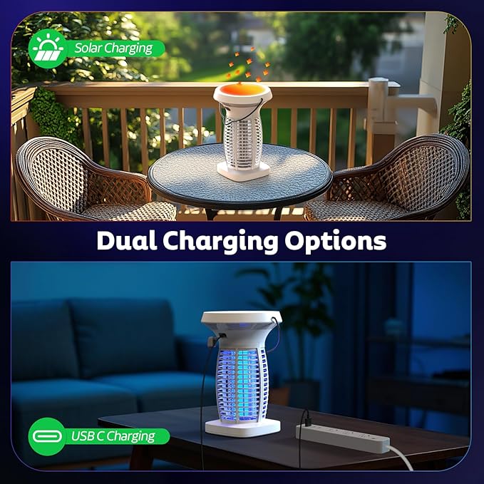 Solar Bug Zapper Outdoor Mosquito Zapper Outdoor Waterproof Electric Fly Zapper Rechargeable Mosquito Killer with Solar Panel 4200V Fly Trap Indoor for Home Backyard Patio Garden Camping
