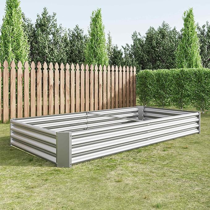 Raised Garden Beds Outdoor Rectangle Galvanized Metal Planter Box with Kit Above Ground Garden Bed for Vegetables Herbs Flowers and Plants (Silver 7.6×3.7×1)