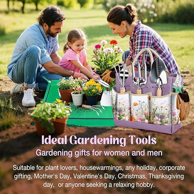 Gardening Tools 9-Piece Heavy-Duty Garden Tools Set Stainless Steel Garden Hand Tools with Purple Floral Tote Bag and Repotting Mat Garden Supplies Kit Gifts for Women
