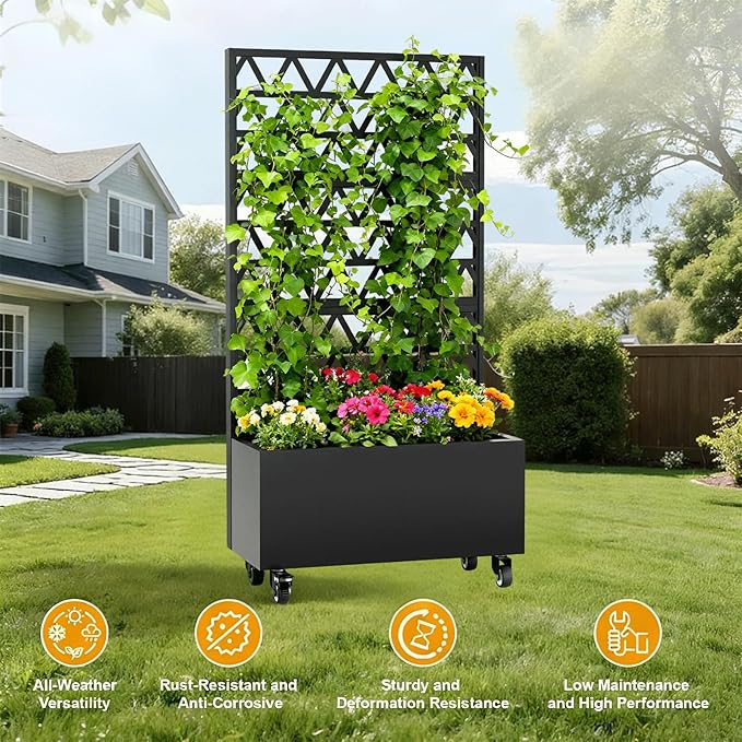 Metal Planter Box with Trellis 73-Inch Tall Raised Garden Bed with Wheels Privacy Screen Planter for Climbing Plants Vegetables &amp Vines Galvanized Steel Outdoor Privacy Shield Black (Square-1