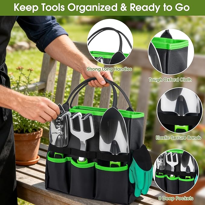 WOWBOX Garden Tools Set - 10 PCS Heavy Duty Gardening Hand Tools Kit with Storage Tote Rust-Resistant Gardening Supplies for Planting with Non-Slip Ergonomic Handle for Women and Men (Green)