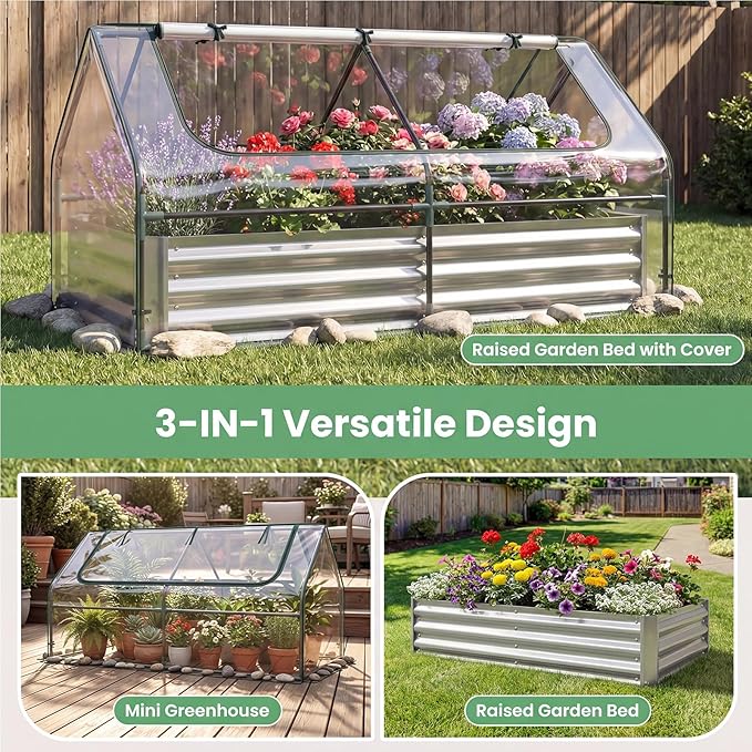 Happygrill Raised Garden Bed with Cover Galvanized Planter Boxes Outdoor w/Mini Greenhouse 2 Roll-up Windows &amp Open-Ended Base Metal Growing Raised Bed for Vegetables (Silver 72” x 36” x 37”)
