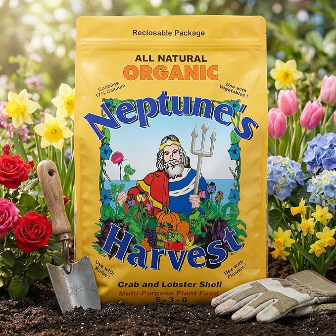 Neptune’s Harvest Organic Crab &amp Lobster Shell Multi-Purpose Plant Food (5-3-0) - 12 LB Resealable Bag - Rich in Nutrients Soil Fertilizer - Plant Food for Lawns Gardens and Vegetables