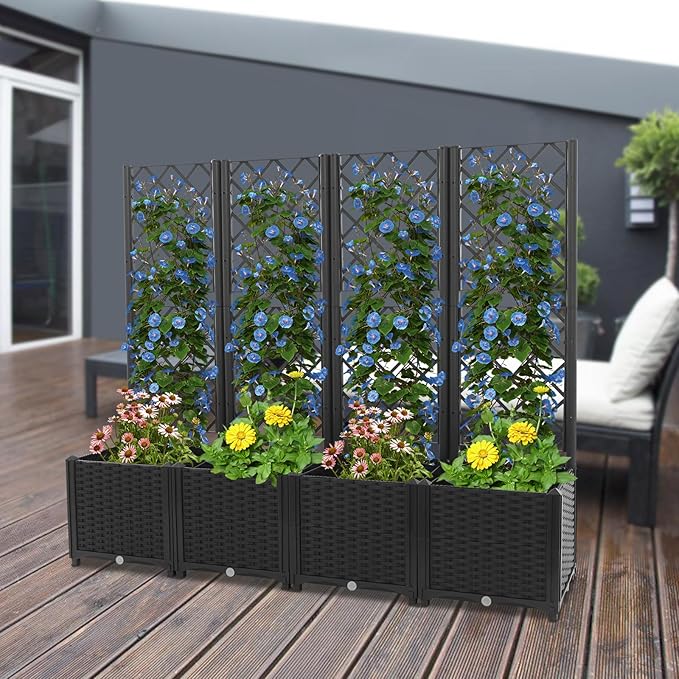 Planter Box with Trellis 4.6ft Tall Raised Garden Bed with 4 Box for Outdoor Vegetable Flowers &amp Climbing Plants Yard Balcony Decoration (Black)