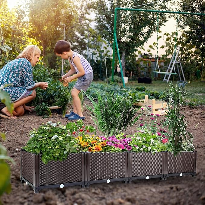 GarveeLife Deep Raised Garden Beds Plants Garden Boxes with Drainage Plugs for Veggies Flowers Herbs Deep Root Plants Growing Brown
