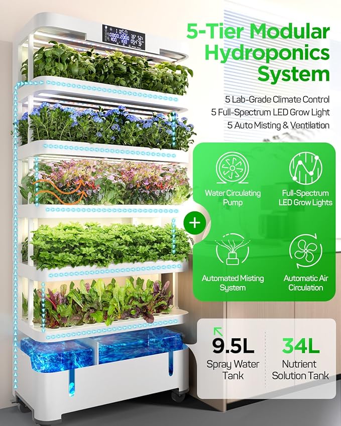 Woolooloo Large Hydroponics Growing System Kit 5-Tier Indoor Herb Garden with Smart Climate Control Auto Misting Full Spectrum Grow Light Vertical Hydroponic System for Home or Commercial