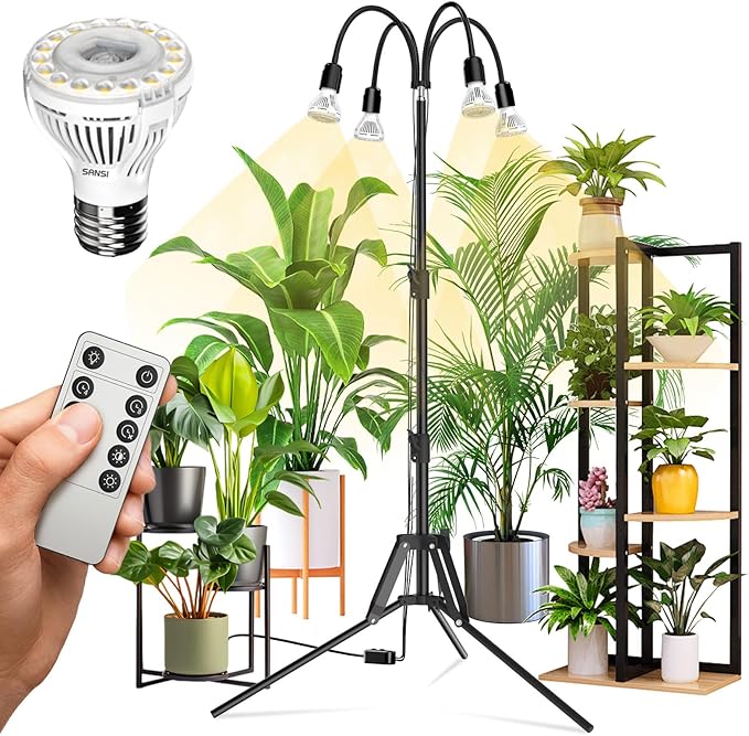 SANSI Grow Lights for Indoor Plants 4 Head Dimmable Plant Lights for Indoor Growing 35-64 Adjustable Tripod LED Grow Light Lamp with Remote Control Auto On/Off Timer 4 Pack of Par20 10W Bulbs