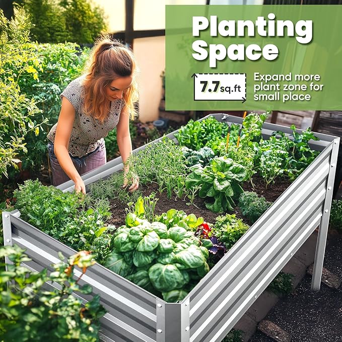 KING BIRD Large Raised Garden Bed with Legs Galvanized Elevated Planter Box 48×24×32 in for Backyard Patio Balcony 400lb Capacity Silver
