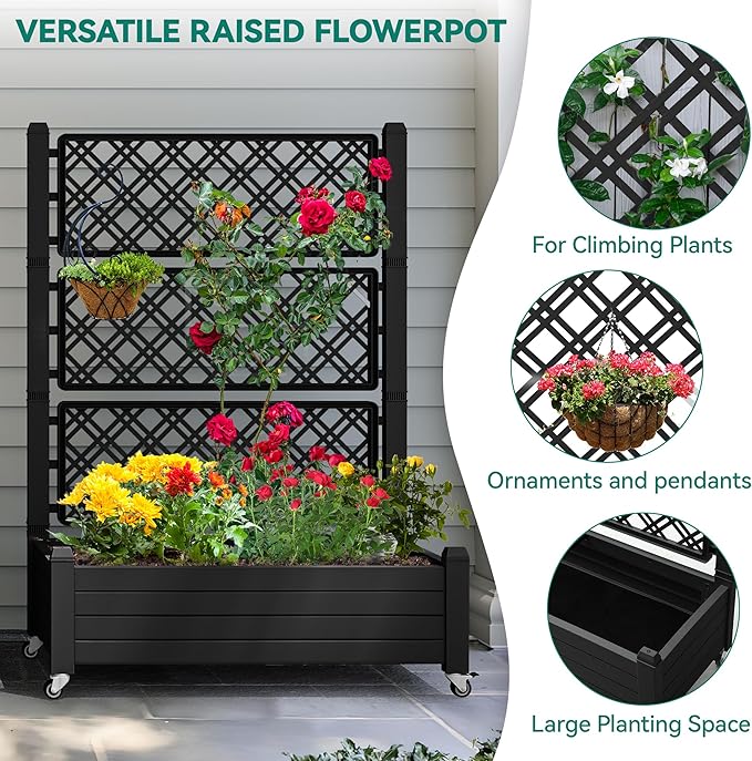 YITAHOME 3.6x1.5x5 FT Planter Box Trellis with Wheels Large Outdoor Plastic Raised Garden Bed with Drain Plug for Climbing Plants Black
