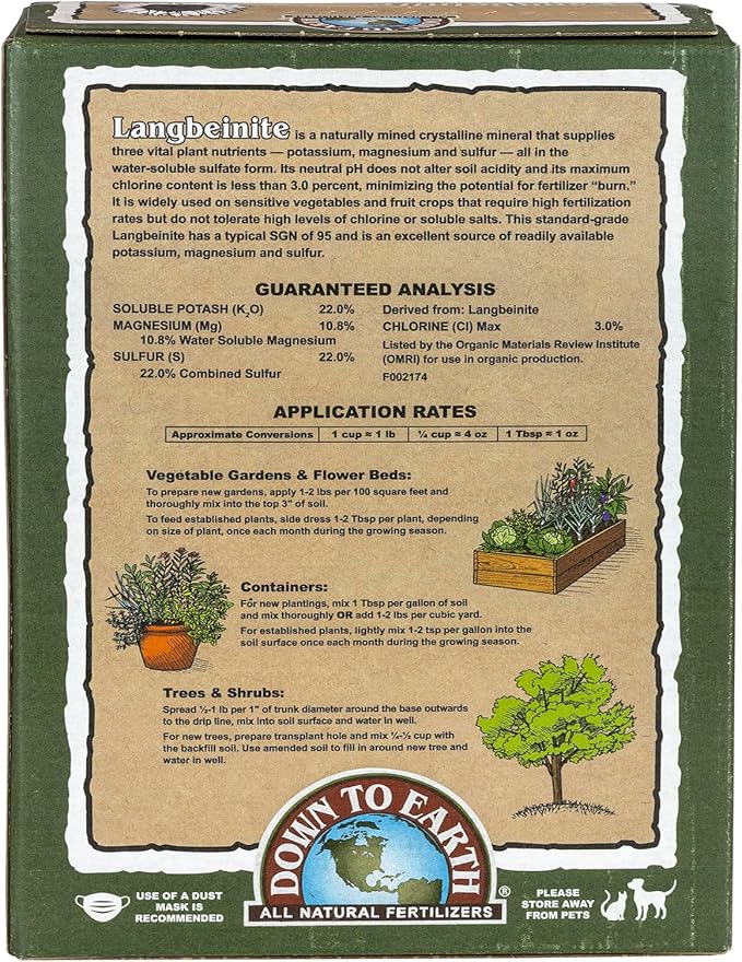Down To Earth All Natural Fertilizers Organic Langbeinite Potassium Magnesium Sulfate (K-Mag) Granular Plant Food 0-0-22 5 lb