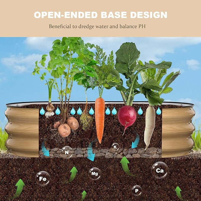 4x2x1FT Galvanized Raised Garden BedsRaised Garden Bed with Safety Edging and GlovesOval Metal Planter Box for Gardening Vegetables Flowers Herb-Natural Oak