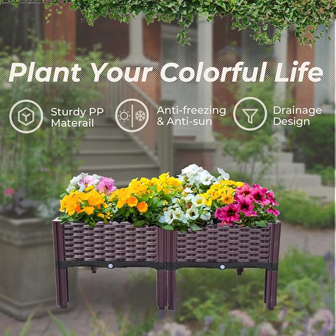Plastic Raised Garden Bed Set of 2 Planter Grow Boxes 14.5 H with Legs Garden Growing Beds for Indoor &amp Outdoor Vegetable Fruit Flower Herb