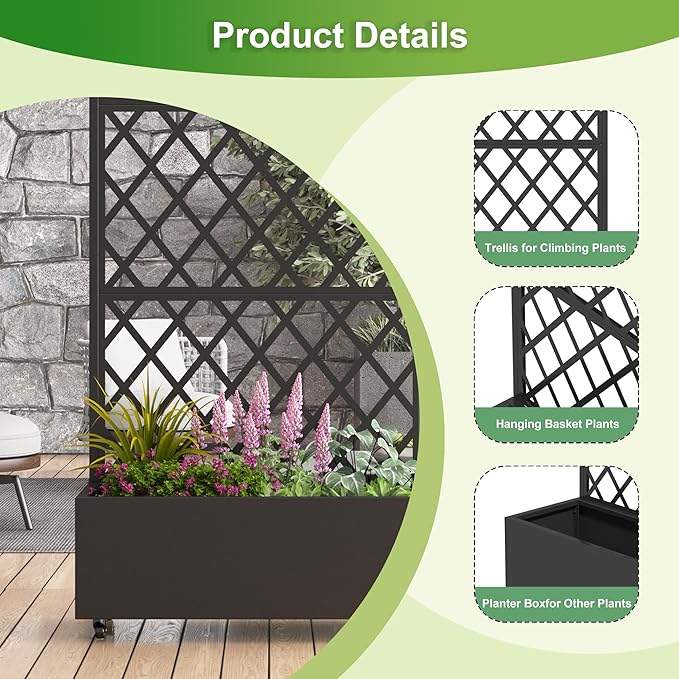 Casaphoria 72x35 Metal Raised Garden Bed with Trellis(2 Pack) Outdoor Planter Box with Wheels &amp Drainage Holes for Climbing Plants Flowers Elevated Garden Kit with Privacy Screen Black-Laure