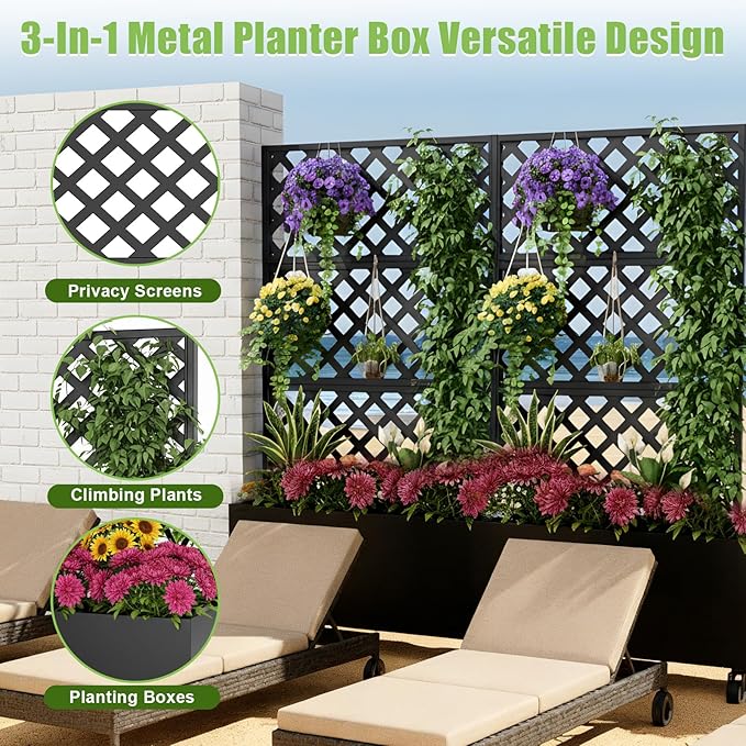 72 Metal Planter Box with Trellis Tall Outdoor Planter Box Raised Garden Bed on Wheels for Climbing Plants Outdoor Flower Planter with Drainage &amp Lockable Casters