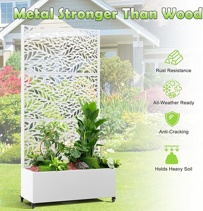 15.7×70.9×35.4 Metal Raised Garden Bed with Trellis and Wheels - Tall Trellis Planter Box for Climbing Plants Vegetables &amp Vines - Outdoor Privacy Planters for Patio (White-Spring)