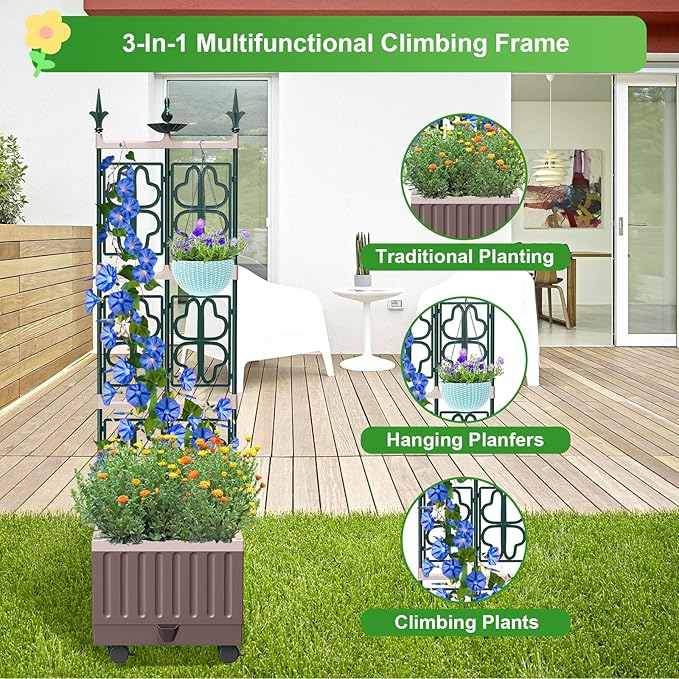 Raised Garden Bed Planter Boxes with Trellis61.4 Self-Watering Trellis with Planter Box for Climbing Plants Flowers Vegetables with WheelsUse for Indoor Outdoor