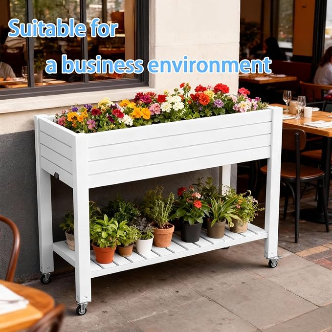 43 Elevated Garden Bed with Wheels &amp Legs 78L/21 Gal Large Raised Planter Box with Drainage &amp Water Level Indicator Mobile Herb Garden Kit for Patio &amp Balcony Grayish-White