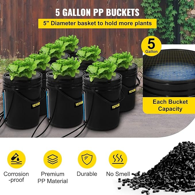 DWC Hydroponic System 5 Gallon 8 Buckets Deep Water Culture Growing Bucket Hydroponics Grow Kit with Pump Air Stone and Water Level Device for Indoor/Outdoor Leafy Vegetables