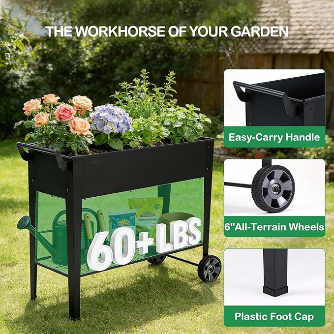 2-Pack 32”Height Elevated Raised Garden Bed with Wheels &amp Storage Shelf 400 Lbs Capacity Anti-Rust Space-Saving Planter for Vegetables Herbs Patio Balcony Backyard